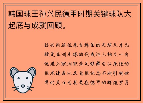 韩国球王孙兴民德甲时期关键球队大起底与成就回顾。