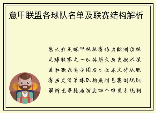 意甲联盟各球队名单及联赛结构解析