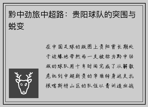 黔中劲旅中超路：贵阳球队的突围与蜕变
